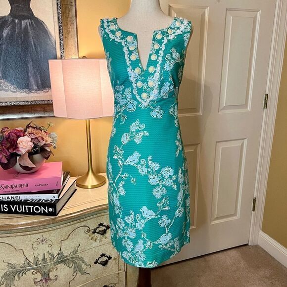 EEUC Lilly Pulitzer Adelia Shift Dress Lagoon Green Birds and Bees Size 4 - Picture 1 of 4